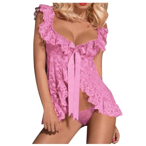 ROSVAJFY Floraler Spitze Babydoll Dessous Sexy V-Ausschnitt Mini Nachthemd mit G-String Durchsichtiges Reizwäsche Kleid Rückenfreier Nachtwäsche Unterwäsche Teddy Chemise (Rosa) von ROSVAJFY