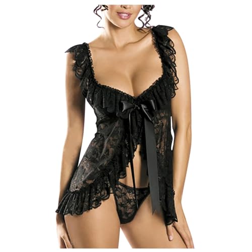 ROSVAJFY Floraler Spitze Babydoll Dessous Sexy V-Ausschnitt Mini Nachthemd mit G-String Durchsichtiges Reizwäsche Kleid Rückenfreier Nachtwäsche Unterwäsche Teddy Chemise (Schwarz) von ROSVAJFY