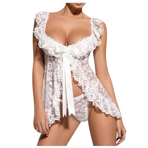 ROSVAJFY Floraler Spitze Babydoll Dessous Sexy V-Ausschnitt Mini Nachthemd mit G-String Durchsichtiges Reizwäsche Kleid Rückenfreier Nachtwäsche Unterwäsche Teddy Chemise (Weiß) von ROSVAJFY