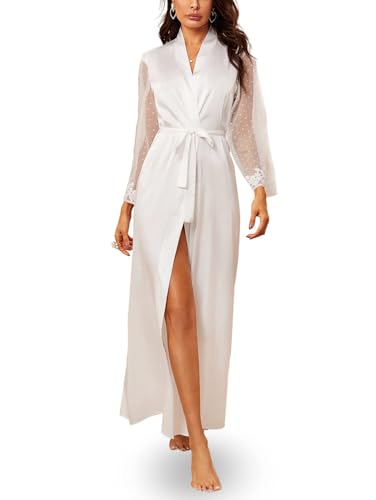 ROSVAJFY Frauen Sexy Satin Kimono Robe Langer Morgenmantel Patchwork Polka-Dot Mesh Ärmel Bademantel Braut Brautjungfern Nachthemd Damen Dessous Weiche Loungewear Nachtwäsche (Weiß) von ROSVAJFY