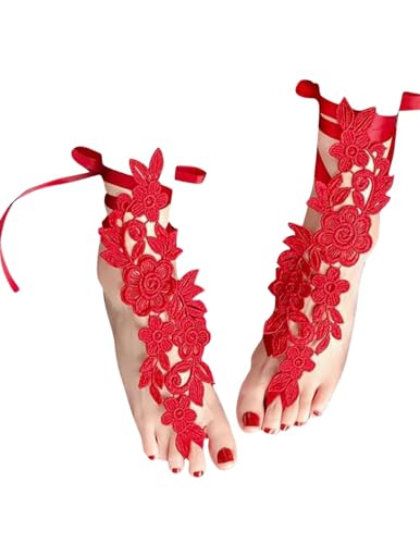 ROSVAJFY Gehäkelte Barfußsandalen Fußkettchen Romantische Spitzen Fußkettchen mit Zehenring (Burgund) von ROSVAJFY