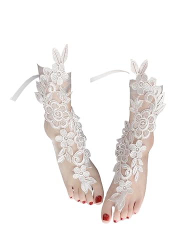 ROSVAJFY Gehäkelte Barfußsandalen Fußkettchen Romantische Spitzen Fußkettchen mit Zehenring (Weiß) von ROSVAJFY