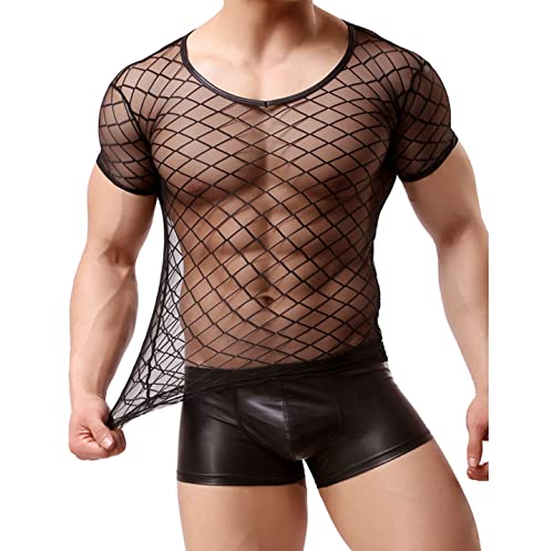 ROSVAJFY Herren Muscle T-Shirt Sheer Mesh, Fischnetz Sexy Unterwäsche Unterhemd Mann, Transparent Tank Top Schwarzes T-Shirt Clubwear Sommer Trainings Tops M-XL (as3, Alpha, x_l, Regular, Regular) von ROSVAJFY