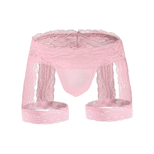 ROSVAJFY Herren Spitze Höschen mit Strumpfband Sissy Unterwäsche Thong Bikini Männer Transparent Bulge G-String Dessous Bikinihose Low Rise Höschen mit Ausschnitten (Rosa) von ROSVAJFY