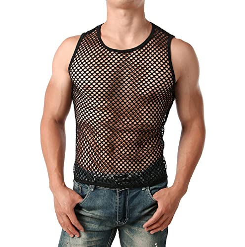 ROSVAJFY Herren Transparentes Netz-Tanktop Herren Muskelshirt Ärmellos, Herrens Netz Shirt Trägershirt Sport Top Gym Sexy Clubwear Fischnetz Schwarz (großes Netz) (as3, Alpha, l, Regular, Regular) von ROSVAJFY