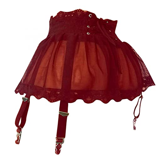 ROSVAJFY Sexy Damen Mini Rock Dessous Strapsgürtel mit Höschen, Durchsichtiger Rock mit hoher Taille Frauen Unterwäsche Rock mit Strumpfband Tanga für Strümpfe (Bordeaux) von ROSVAJFY