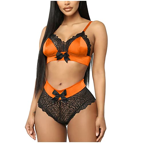 ROSVAJFY Sexy Dessous Set BH und Slip Damen Spitze Unterwäsche Set 2 Stücke Frauen Reizwäsche V-Ausschnitt hohe Taille Pyjama Nachtwäsche Babydoll Lingerie mit Schleife S-L (Orange, M) von ROSVAJFY