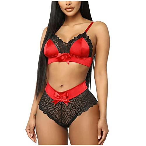 ROSVAJFY Sexy Dessous Set BH und Slip Damen Spitze Unterwäsche Set 2 Stücke Frauen Reizwäsche V-Ausschnitt hohe Taille Pyjama Nachtwäsche Babydoll Lingerie mit Schleife S-L (Rot, L) von ROSVAJFY