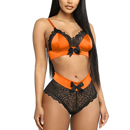 ROSVAJFY Sexy Dessous-Set für Frauen, 2-teilige durchsichtige Nachtwäsche aus Spitze, Push-up-BH-Höschen, intimes Outfit, Unterwäsche, Riemchen-Nachthemd für Halloween-Weihnachtsfeier (Orange, M) von ROSVAJFY