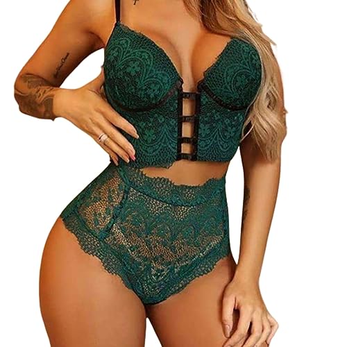 ROSVAJFY Sexy Dessous-Set mit Spitze, für Damen, 2 Stück, Push-Up-BH, Tanga, Slips, hohe Taille, tiefer elastischer V-Ausschnitt, Unterwäsche, grün, XL von ROSVAJFY