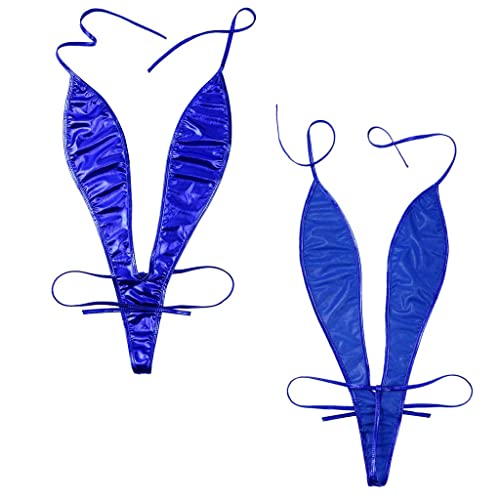 ROSVAJFY Sexy Body aus Leder für Damen, Dessous Lackleder, Bodysuit Neckholder mit tiefem V-Ausschnitt, Teddy Mini Kleid Clubwear ohne Rücken, Unterwäsche mit Schnürung S-XL, blau, One size von ROSVAJFY