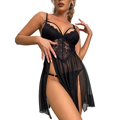 ROSVAJFY Sexy Transparentes Nachthemd Mesh Dessous, Babydoll Damen Spitze Durchsichtig Nachtwäsche V-Ausschnitt Lingerie Reizwäsche Kleid Unterwäsche mit Spaghettiträgern (Schwarz) von ROSVAJFY