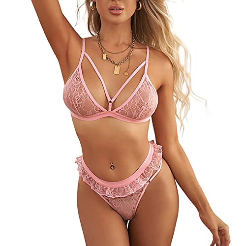 Sexy Dessous Set für Damen, 2 Teiliges Unterwäsche-Set mit Floraler Spitze, Transparenter Bügelloser Netz-Bh und Rüschenhöschen, Teddy Babydoll Bikini Nachtwäsche Tiefem V Ausschnitt (Rosa, L) von ROSVAJFY