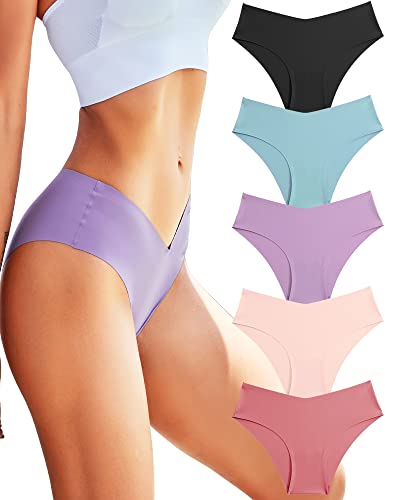 ROSYCORAL Nahtlose Unterwäsche für Damen, weicher Stretch-Slip, unsichtbar, Hipster-V-Schnitt, freche No-Show-Bikinihöschen, 5er-Pack, XS-L, Option A, L von ROSYCORAL