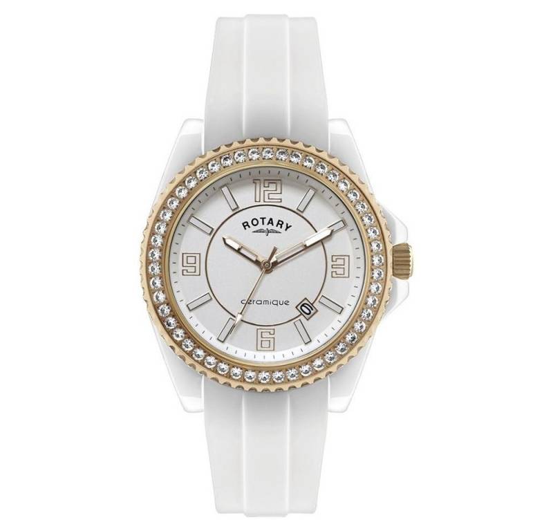ROTARY Quarzuhr Damen Keramikgehäuse weiß roségoldene Lünette CEWRR/06/B, gefasste Zirkoniasteine, Schraubkrone durch Gehäuseflanken geschützt von ROTARY