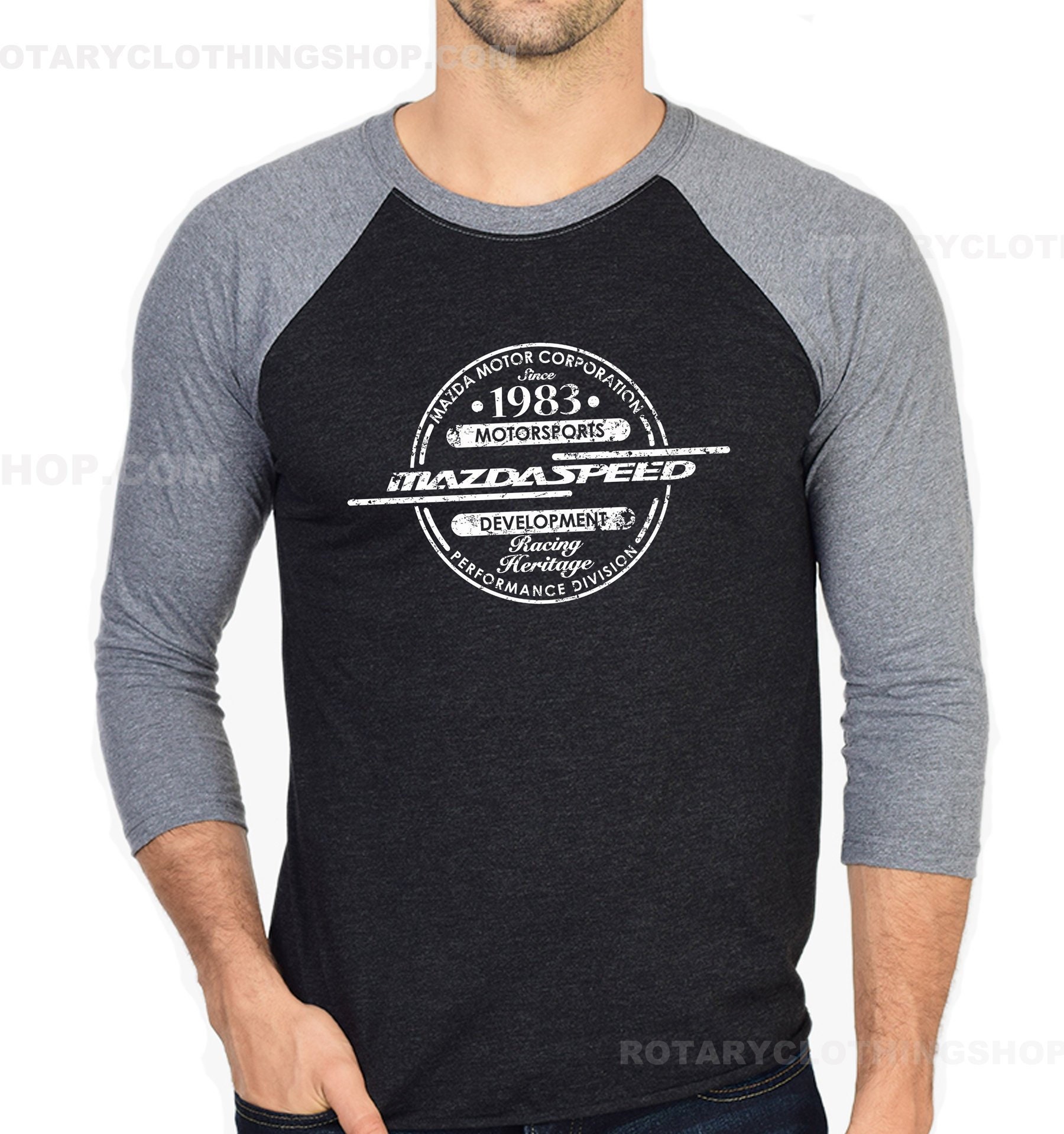 Mazdaspeed T-Shirt - 3-4 Raglan Vintage Logo Rx7 787B Mazdaspeed3 Miata Mazdaspeed6 Unisex Mazdaspeed T-Shirt - 3-4 Raglan Vintage Logo Rx7 787B Mazdaspeed3 Miata Mazdaspeed6 Unisex von ROTARYCLOTHINGSHOP
