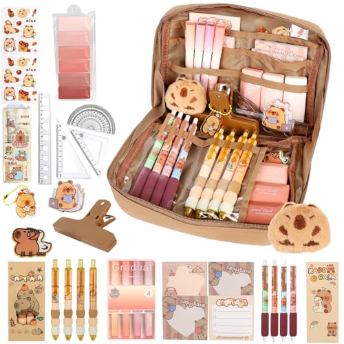 34 Stück Capybara Schreibwaren Set, Capybara Federmäppchen, Süßes Schreibwaren Geschenkset, mit Capybara Stiften, Sticker, Clips, Linealen Und Mehr, für Büro, Schule, Schüler von ROTKUSZ