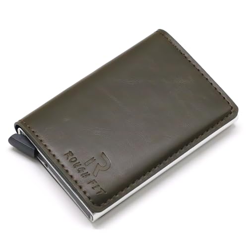 ROUGH FIT Kreditkartenetui aus Leder, RFID-blockierend, Kartenfächer, Pop-Up-Kartenetui aus Aluminium, coffee, 3.5 x 2.7 x 1.5 in, Minimalistisch von ROUGH FIT