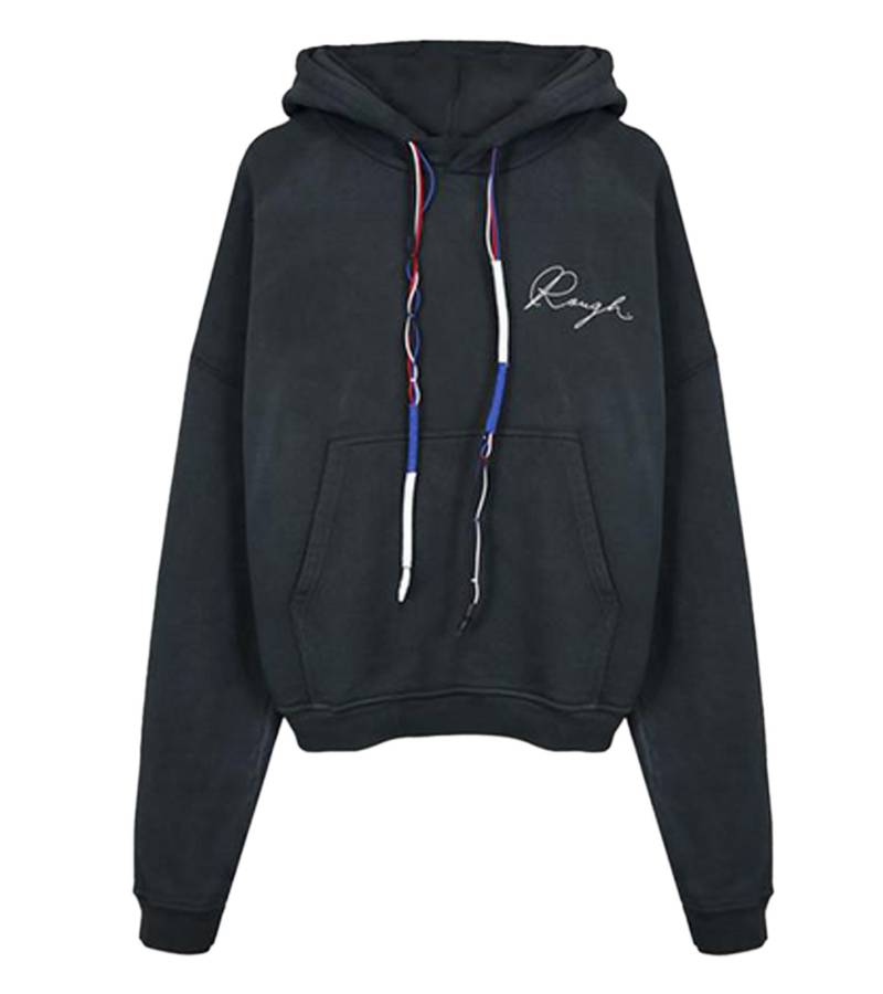 ROUGH. Herren Hoody mit Kapuze Baumwoll-Pullover Washed-Pullover Schwarz von ROUGH.