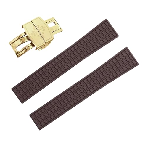ROUHO 19mm Silikon Gummi Verstellbares Uhrenarmband, Herren Sportuhr Armband für Patek Philippe Aquanaut 5067A-001-Braun + Gold Schnalle von ROUHO