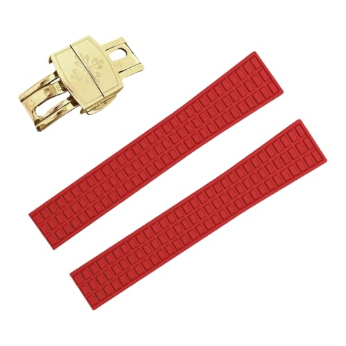 ROUHO 19mm Silikon Gummi Verstellbares Uhrenarmband, Herren Sportuhr Armband für Patek Philippe Aquanaut 5067A-001-Rot + Gold Schnalle von ROUHO