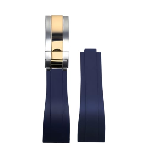 ROUHO 20mm Silikon Gummi Uhrband Schiebeverschluss Verschluss Ersatz Uhr Armband für Rolex Daytona SUB GMT-Blau + Silber Roségold Schnalle von ROUHO