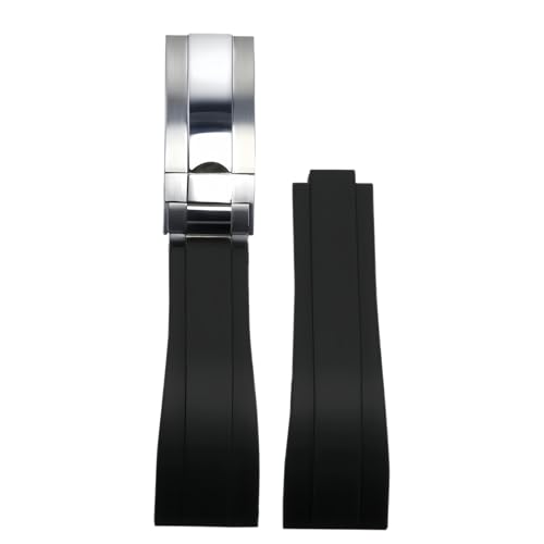 ROUHO 20mm Silikon Gummi Uhrband Schiebeverschluss Verschluss Ersatz Uhr Armband für Rolex Daytona SUB GMT-Schwarz + Poliertes Silber Schnalle von ROUHO
