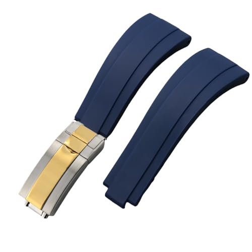 ROUHO 20mm Weicher Silikon Gummi Uhr Armband Verstellbare Einsatzverschluss Uhrband für Rolex Daytona GMT Yacht-Master-Blau + Silber Gold Schnalle von ROUHO