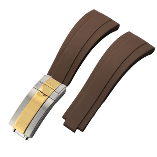 ROUHO 20mm Weicher Silikon Gummi Uhr Armband Verstellbare Einsatzverschluss Uhrband für Rolex Daytona GMT Yacht-Master-Braun + Silber Gold Schnalle von ROUHO