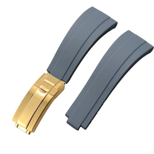 ROUHO 20mm Weicher Silikon Gummi Uhr Armband Verstellbare Einsatzverschluss Uhrband für Rolex Daytona GMT Yacht-Master-Grau + Gold Schnalle von ROUHO