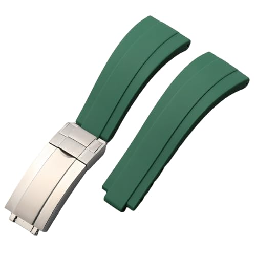 ROUHO 20mm Weicher Silikon Gummi Uhr Armband Verstellbare Einsatzverschluss Uhrband für Rolex Daytona GMT Yacht-Master-Grün + Silber Schnalle von ROUHO