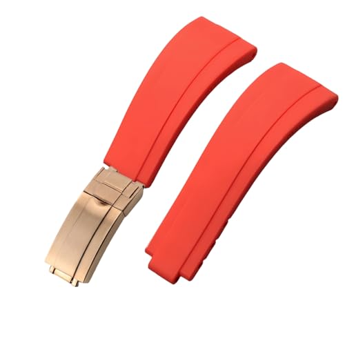 ROUHO 20mm Weicher Silikon Gummi Uhr Armband Verstellbare Einsatzverschluss Uhrband für Rolex Daytona GMT Yacht-Master-Rot + Roségold Schnalle von ROUHO