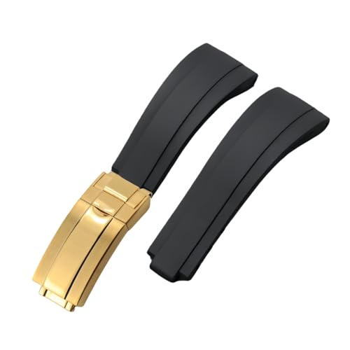ROUHO 20mm Weicher Silikon Gummi Uhr Armband Verstellbare Einsatzverschluss Uhrband für Rolex Daytona GMT Yacht-Master-Schwarz + Gold Schnalle von ROUHO