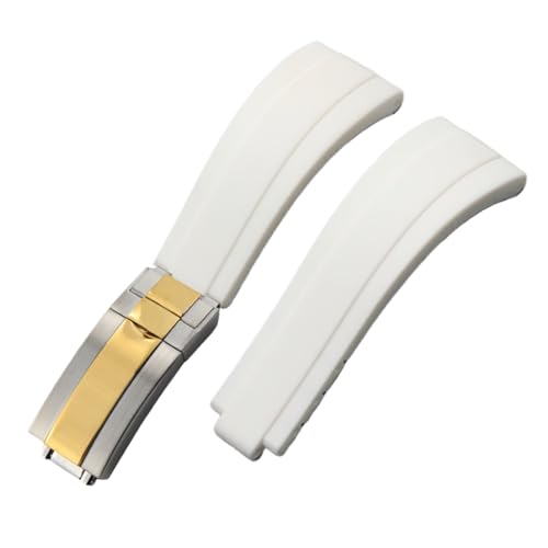 ROUHO 20mm Weicher Silikon Gummi Uhr Armband Verstellbare Einsatzverschluss Uhrband für Rolex Daytona GMT Yacht-Master-Weiß + Silber Gold Schnalle von ROUHO