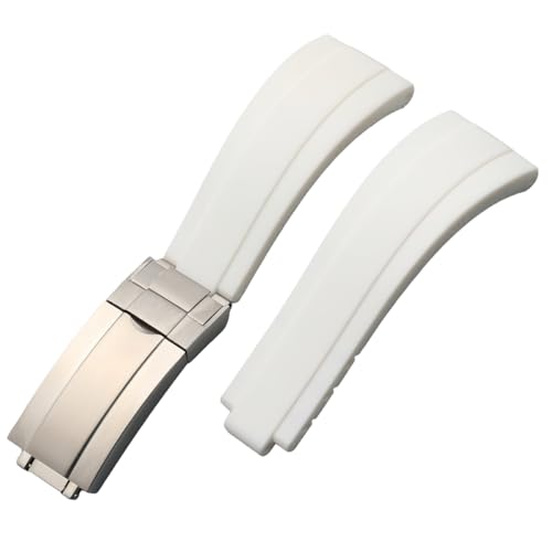 ROUHO 20mm Weicher Silikon Gummi Uhr Armband Verstellbare Einsatzverschluss Uhrband für Rolex Daytona GMT Yacht-Master-Weiß + Silber Schnalle von ROUHO