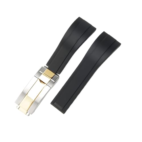 ROUHO 21mm Silikon Sport Uhr Armband Einsatzverschluss Uhr Band Zubehör für Rolex Submariner Oyster-Schwarz + Silber Gold Schnalle von ROUHO