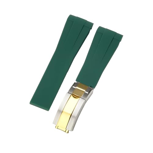 ROUHO 21mm Weicher Gummi Uhr Armband Zubehör Ersatz Einsatzverschluss Männer Uhrband für Rolex Submariner Yacht-Master-Grün + Silber Gold Schnalle von ROUHO