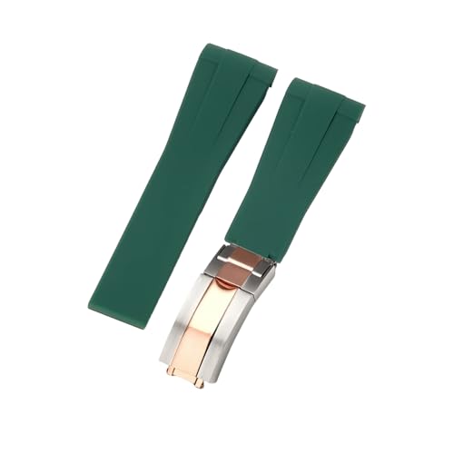 ROUHO 21mm Weicher Gummi Uhr Armband Zubehör Ersatz Einsatzverschluss Männer Uhrband für Rolex Submariner Yacht-Master-Grün + Silber Roségold Schnalle von ROUHO