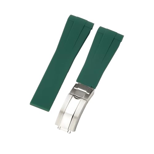 ROUHO 21mm Weicher Gummi Uhr Armband Zubehör Ersatz Einsatzverschluss Männer Uhrband für Rolex Submariner Yacht-Master-Grün + Silber Schnalle von ROUHO