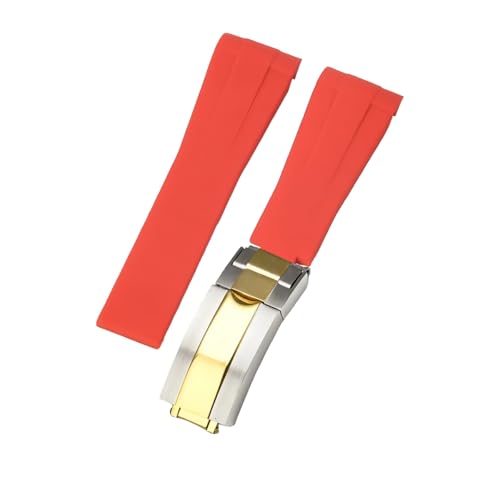 ROUHO 21mm Weicher Gummi Uhr Armband Zubehör Ersatz Einsatzverschluss Männer Uhrband für Rolex Submariner Yacht-Master-Rot + Silber Gold Schnalle von ROUHO