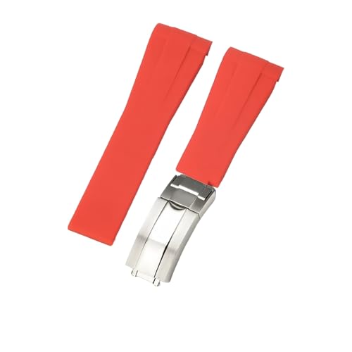 ROUHO 21mm Weicher Gummi Uhr Armband Zubehör Ersatz Einsatzverschluss Männer Uhrband für Rolex Submariner Yacht-Master-Rot + Silber Schnalle von ROUHO
