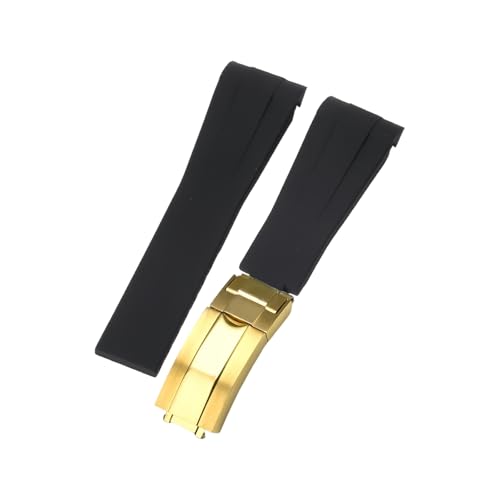 ROUHO 21mm Weicher Gummi Uhr Armband Zubehör Ersatz Einsatzverschluss Männer Uhrband für Rolex Submariner Yacht-Master-Schwarz + Gold Schnalle von ROUHO