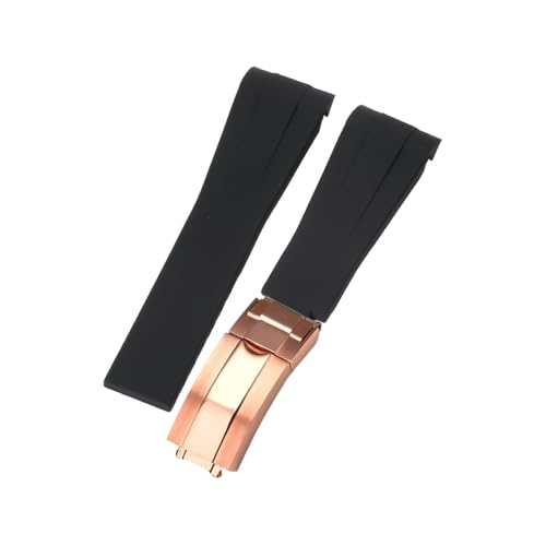 ROUHO 21mm Weicher Gummi Uhr Armband Zubehör Ersatz Einsatzverschluss Männer Uhrband für Rolex Submariner Yacht-Master-Schwarz + Roségold Schnalle von ROUHO