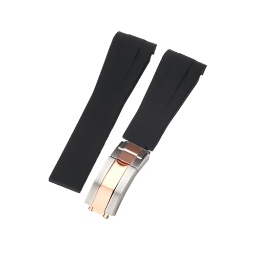 ROUHO 21mm Weicher Gummi Uhr Armband Zubehör Ersatz Einsatzverschluss Männer Uhrband für Rolex Submariner Yacht-Master-Schwarz + Silber Roségold Schnalle von ROUHO
