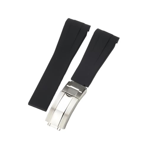 ROUHO 21mm Weicher Gummi Uhr Armband Zubehör Ersatz Einsatzverschluss Männer Uhrband für Rolex Submariner Yacht-Master-Schwarz + Silber Schnalle von ROUHO