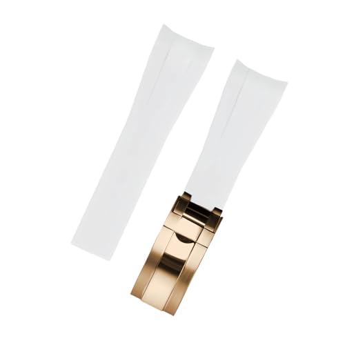 ROUHO 21mm Weicher Gummi Uhr Armband Zubehör Ersatz Einsatzverschluss Männer Uhrband für Rolex Submariner Yacht-Master-Weiß + Roségold Schnalle von ROUHO