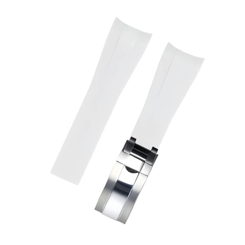 ROUHO 21mm Weicher Gummi Uhr Armband Zubehör Ersatz Einsatzverschluss Männer Uhrband für Rolex Submariner Yacht-Master-Weiß + Silber Schnalle von ROUHO
