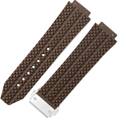 ROUHO 25mm Silikon Gummi Herren Uhr Armband Schweißdicht Geruchslose Gummi Armbänder für HUBLOT Big BANG Classic Fusion-Braun + Silber Schnalle von ROUHO