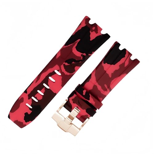 ROUHO 28 x 24mm Modifizierte Silikon Uhr Armband Verstellbare Pin Schnalle Uhrband für Audemars Piguet AP Royal Oak Offshore Diver 15710 15703 26470 15707 26703-Camouflage Rot von ROUHO