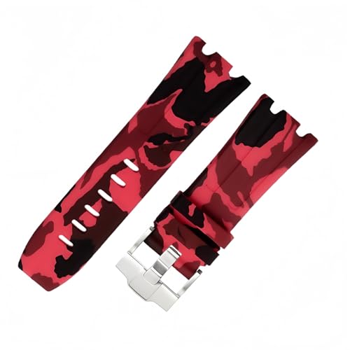 ROUHO 28mm Silikon Gummi Uhr Armband Silber Pin Verschluss Uhr Armband für AP Audemars Piguet Royal Oak 15710 15703 26470 15707 26703-Camouflage Rot von ROUHO